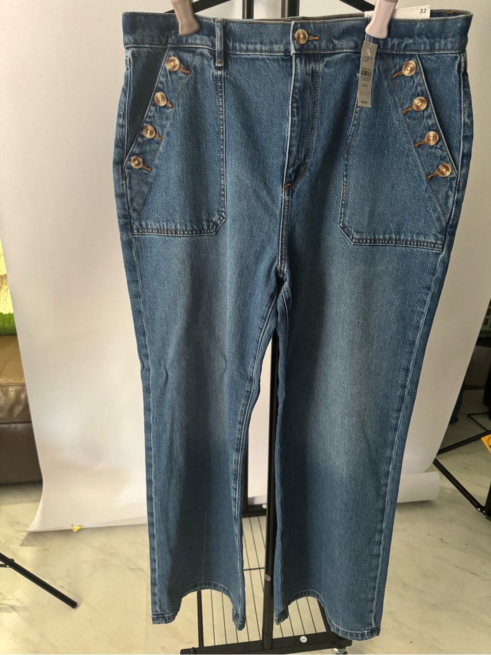 LOFT Medium Blue Denim Wide-Leg Jeans with Button Pocket Trim